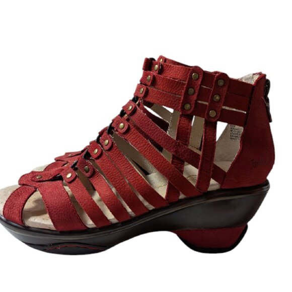 JAMBU Women's Red Leather Sugar Strappy Peep-Toe Back-Zipper Heel Sandals Size 6 - Picture 5 of 8